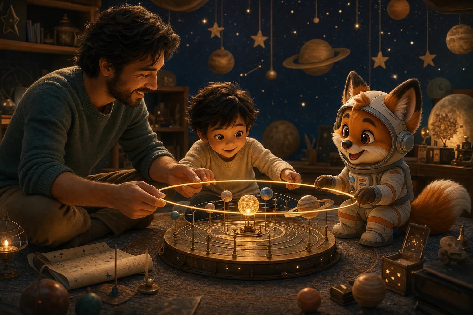 Un parent, un enfant et Nyo construisent ensemble un système solaire lumineux