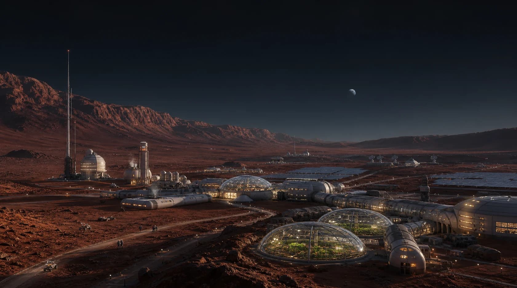Une colonie humaine autonome avec habitats, serres et installations énergétiques sur Mars